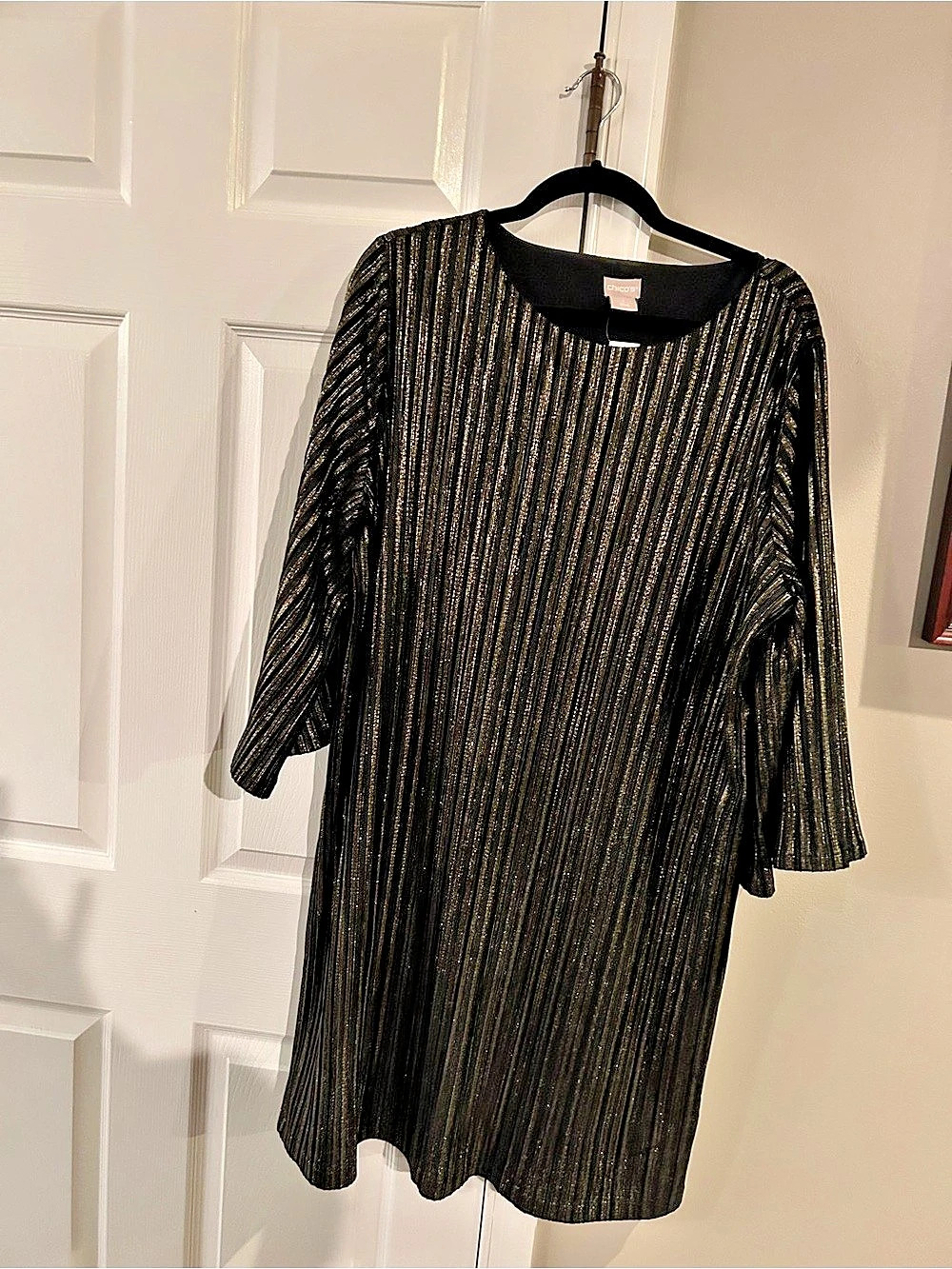 Chico's Lurex Stripe Velvet Dress Black & Gold Large
